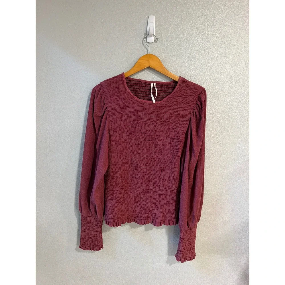 Anthropologie Smocked Blouse Women XL Berry Puff Sleeve Ruffle Top Winter